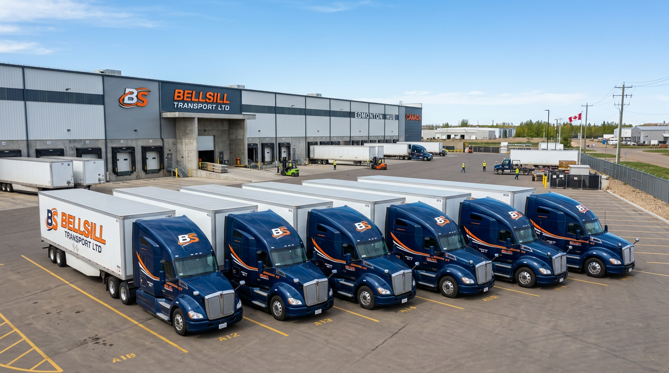 BellSill Transport LTD fleet of professional trucks at Edmonton Alberta logistics facility